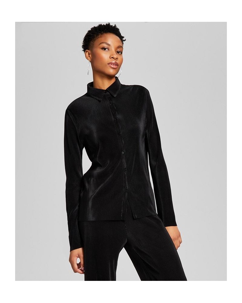 Women's Long-Sleeve Collared Plissé Shirt Black $17.28 Tops