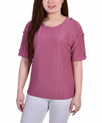 Women's Short Sleeve Honeycomb Textured Grommet Top Purple $12.60 Tops