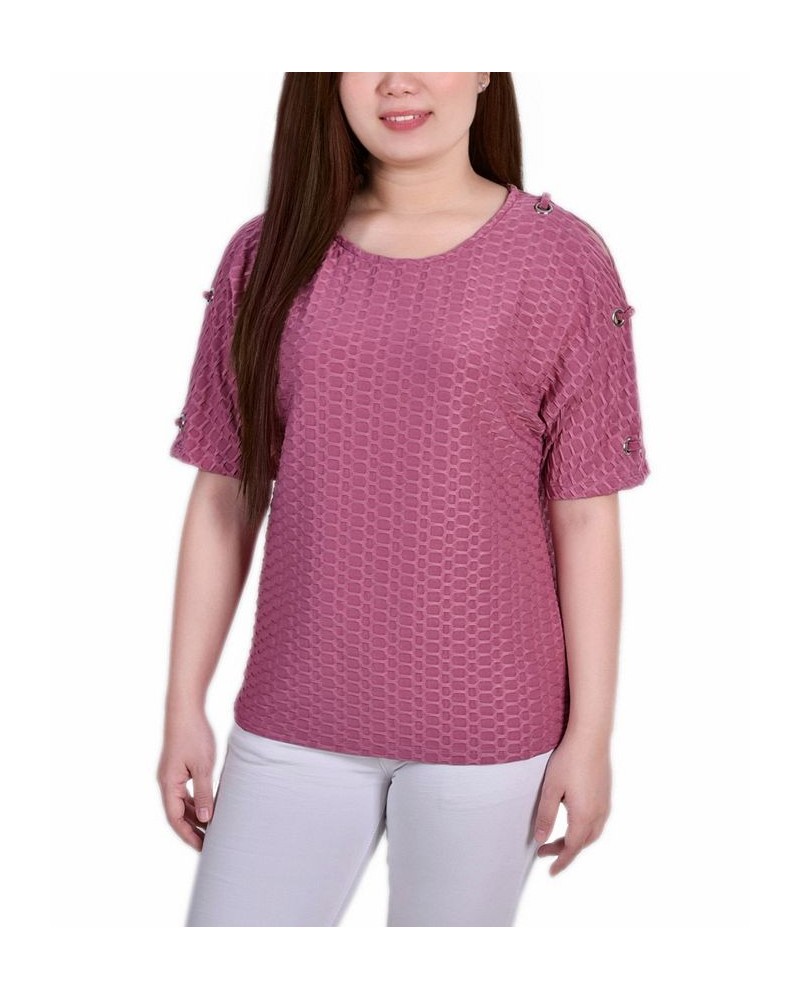 Women's Short Sleeve Honeycomb Textured Grommet Top Purple $12.60 Tops