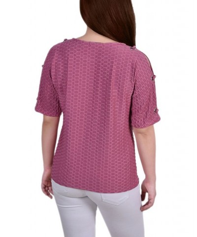 Women's Short Sleeve Honeycomb Textured Grommet Top Purple $12.60 Tops