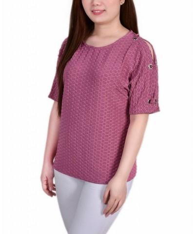 Women's Short Sleeve Honeycomb Textured Grommet Top Purple $12.60 Tops