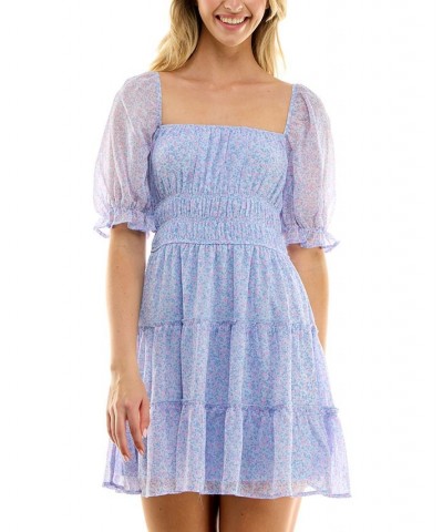 Juniors' Emma Smocked-Waist Ruffled Tiered Dress Blue/Pink Floral $28.32 Dresses