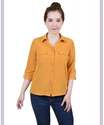 Petite 3/4 Roll Tab Blouse with Pockets Gold $18.56 Tops