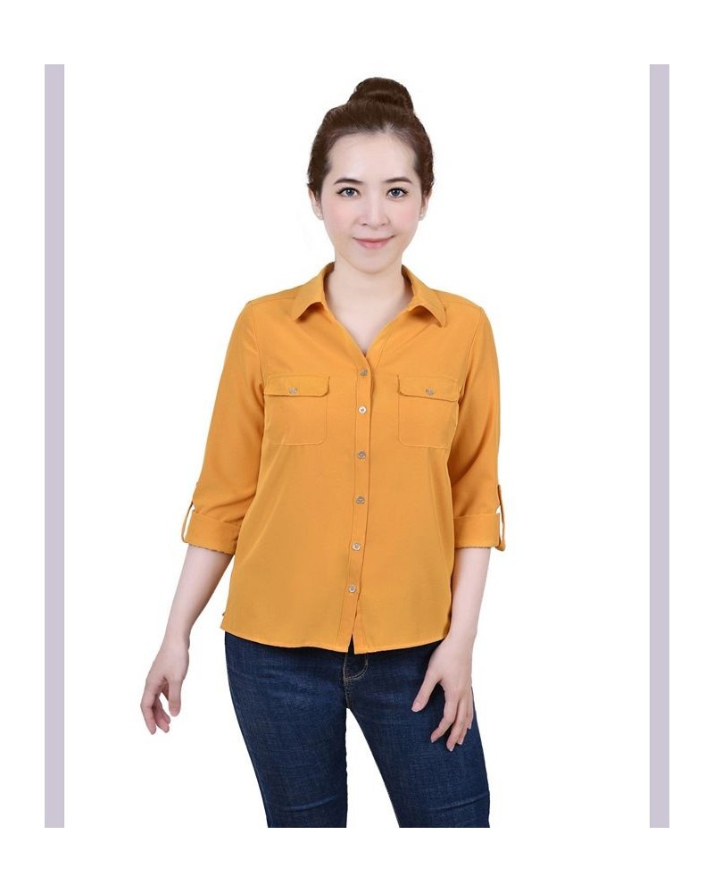 Petite 3/4 Roll Tab Blouse with Pockets Gold $18.56 Tops