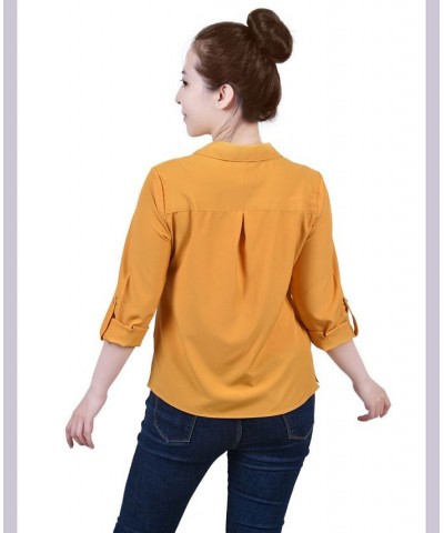 Petite 3/4 Roll Tab Blouse with Pockets Gold $18.56 Tops