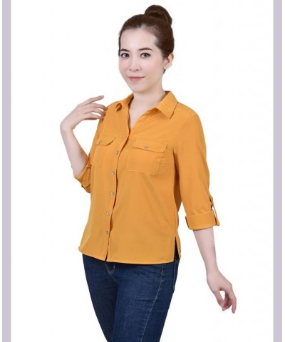 Petite 3/4 Roll Tab Blouse with Pockets Gold $18.56 Tops