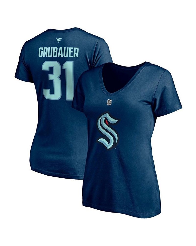 Women's Philipp Grubauer Deep Sea Blue Seattle Kraken Authentic Stack Name and Number V-Neck T-shirt Deep Sea Blue $19.74 Tops