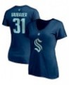 Women's Philipp Grubauer Deep Sea Blue Seattle Kraken Authentic Stack Name and Number V-Neck T-shirt Deep Sea Blue $19.74 Tops