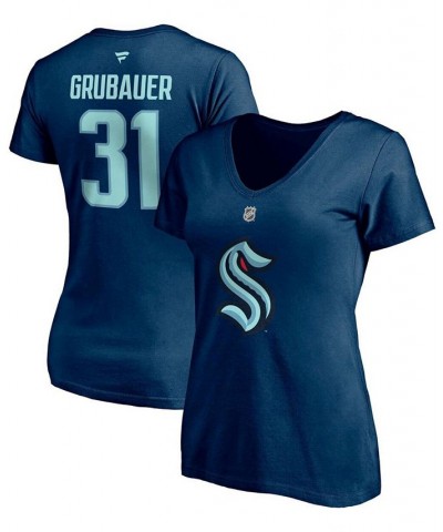 Women's Philipp Grubauer Deep Sea Blue Seattle Kraken Authentic Stack Name and Number V-Neck T-shirt Deep Sea Blue $19.74 Tops