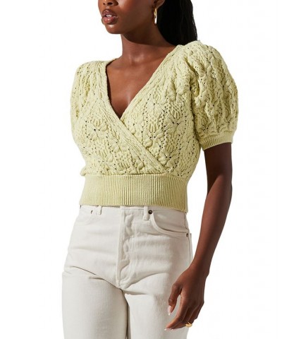 Women's Elowen Textured Knit Puff-Sleeve Sweater Lime $49.00 Sweaters