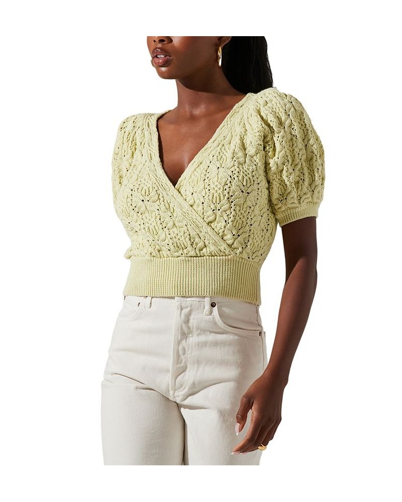 Women's Elowen Textured Knit Puff-Sleeve Sweater Lime $49.00 Sweaters