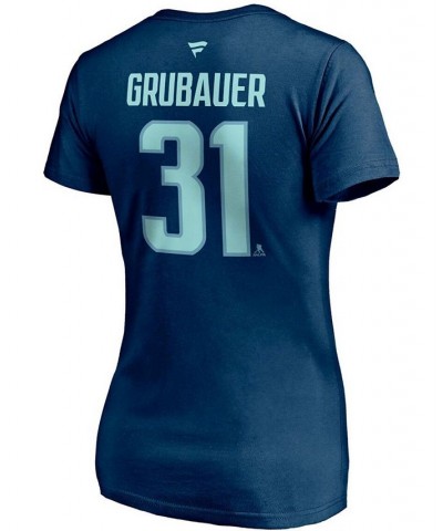 Women's Philipp Grubauer Deep Sea Blue Seattle Kraken Authentic Stack Name and Number V-Neck T-shirt Deep Sea Blue $19.74 Tops