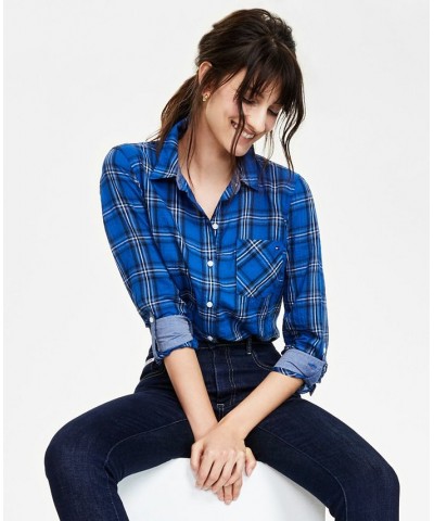 Women's Roll-Tab Button-Down Shirt Blue $22.05 Tops