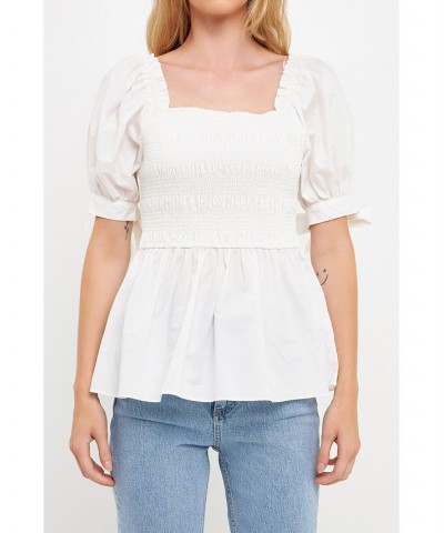 Women's Smocked Bow Tie Peplum Top Ivory $41.80 Tops