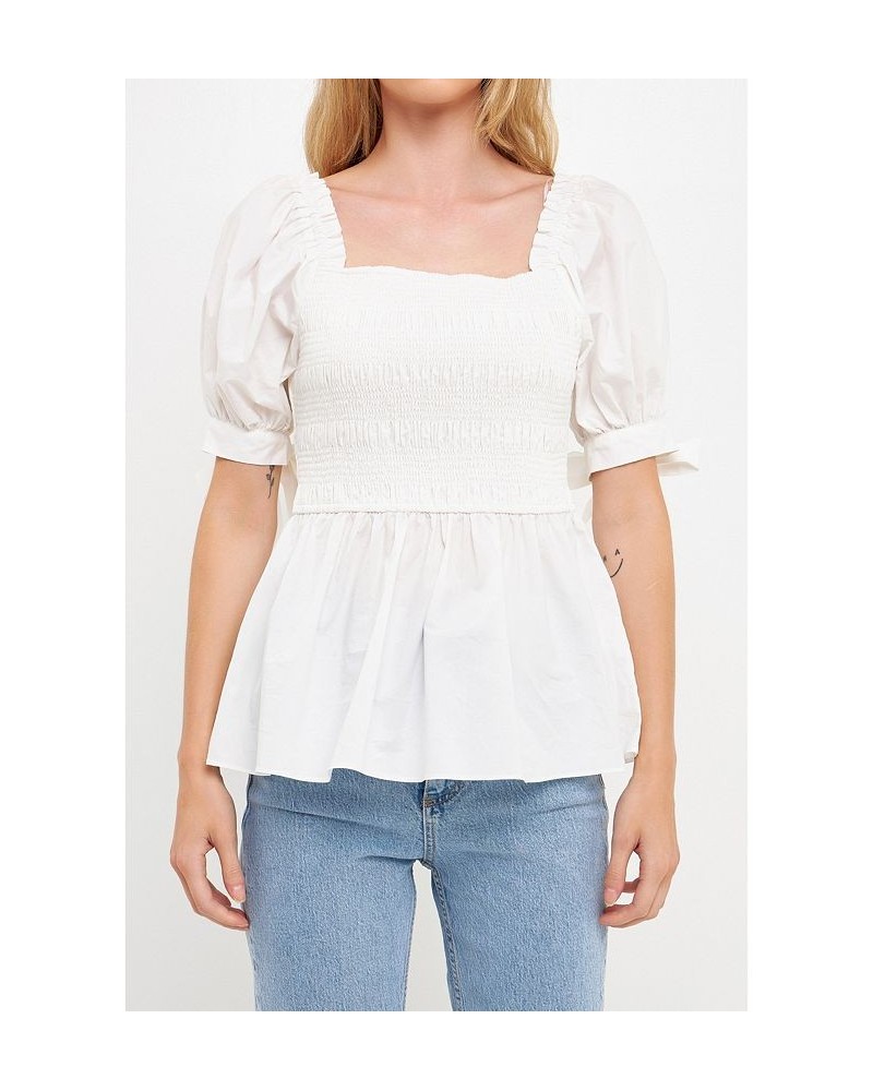 Women's Smocked Bow Tie Peplum Top Ivory $41.80 Tops