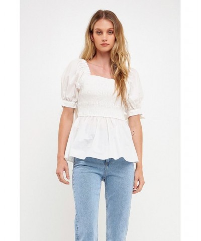 Women's Smocked Bow Tie Peplum Top Ivory $41.80 Tops