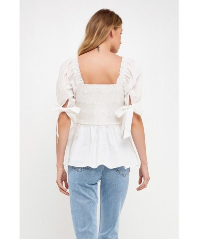 Women's Smocked Bow Tie Peplum Top Ivory $41.80 Tops