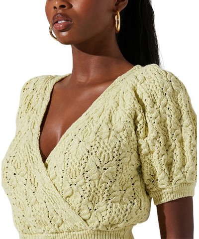 Women's Elowen Textured Knit Puff-Sleeve Sweater Lime $49.00 Sweaters