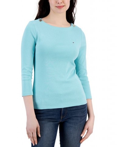 Women's Cotton 3/4-Sleeve Boat-Neck Top Green $15.29 Tops