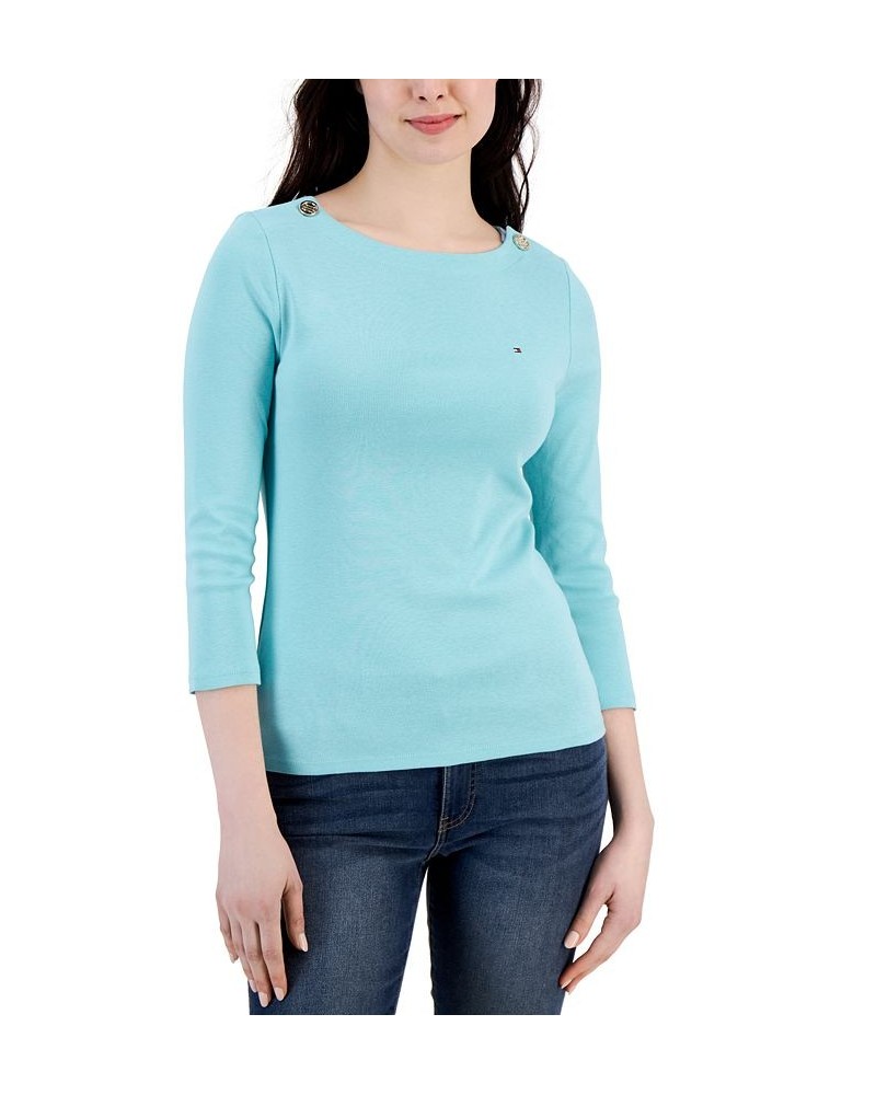 Women's Cotton 3/4-Sleeve Boat-Neck Top Green $15.29 Tops