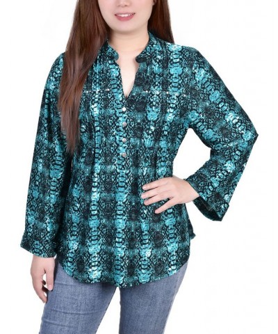 Petite Size Long Sleeve Jacquard Knit Y-neck Top Green $30.78 Tops