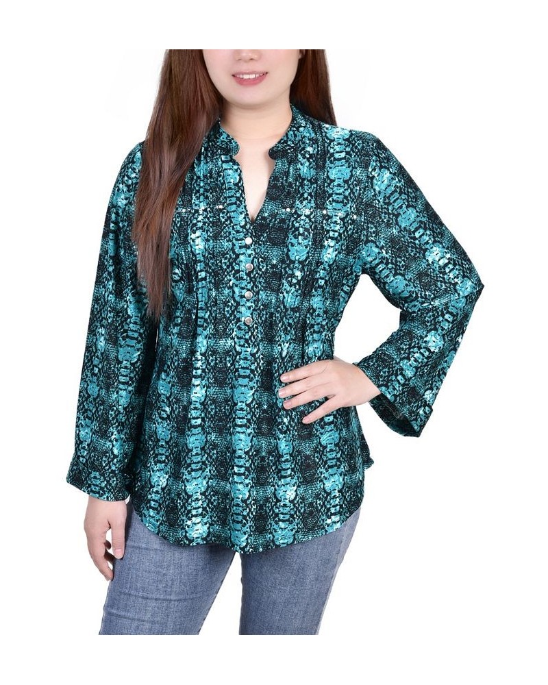 Petite Size Long Sleeve Jacquard Knit Y-neck Top Green $30.78 Tops