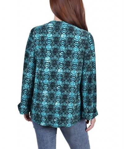 Petite Size Long Sleeve Jacquard Knit Y-neck Top Green $30.78 Tops