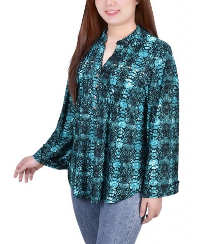 Petite Size Long Sleeve Jacquard Knit Y-neck Top Green $30.78 Tops