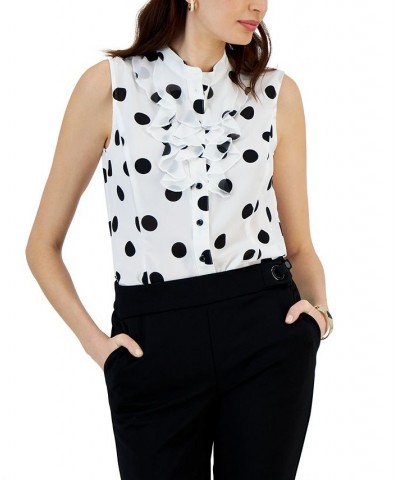 Women's Polka Dot Ruffle Neck Button Up Sleeveless Blouse Lily White/Black $37.13 Tops