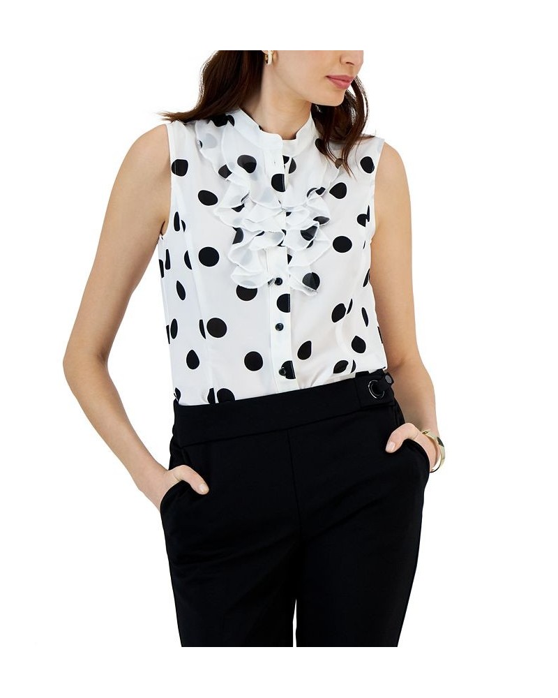 Women's Polka Dot Ruffle Neck Button Up Sleeveless Blouse Lily White/Black $37.13 Tops