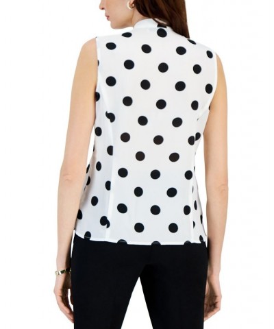 Women's Polka Dot Ruffle Neck Button Up Sleeveless Blouse Lily White/Black $37.13 Tops