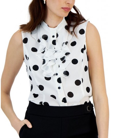 Women's Polka Dot Ruffle Neck Button Up Sleeveless Blouse Lily White/Black $37.13 Tops