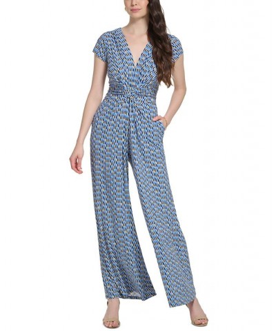 Women's Printed Twist-Front Cap-Sleeve Jumpsuit Blue $37.94 Pants