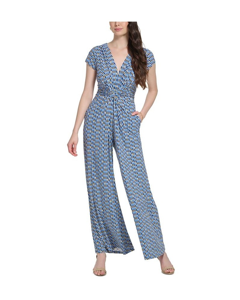 Women's Printed Twist-Front Cap-Sleeve Jumpsuit Blue $37.94 Pants