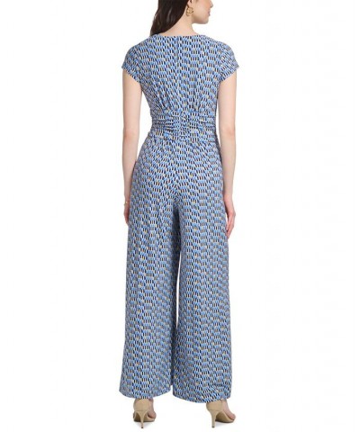 Women's Printed Twist-Front Cap-Sleeve Jumpsuit Blue $37.94 Pants