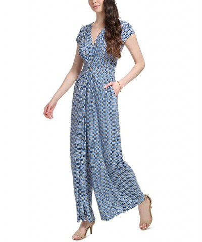 Women's Printed Twist-Front Cap-Sleeve Jumpsuit Blue $37.94 Pants