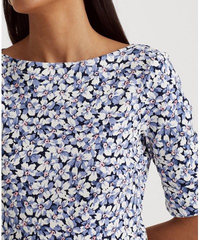 Women's Floral Stretch Cotton T-Shirt Blue/cream/pink $34.06 Tops