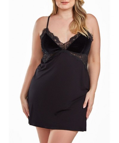 Layna Plus Size Velore and Velvet-Textured Lace Trimmed Chemise Black $47.85 Sleepwear