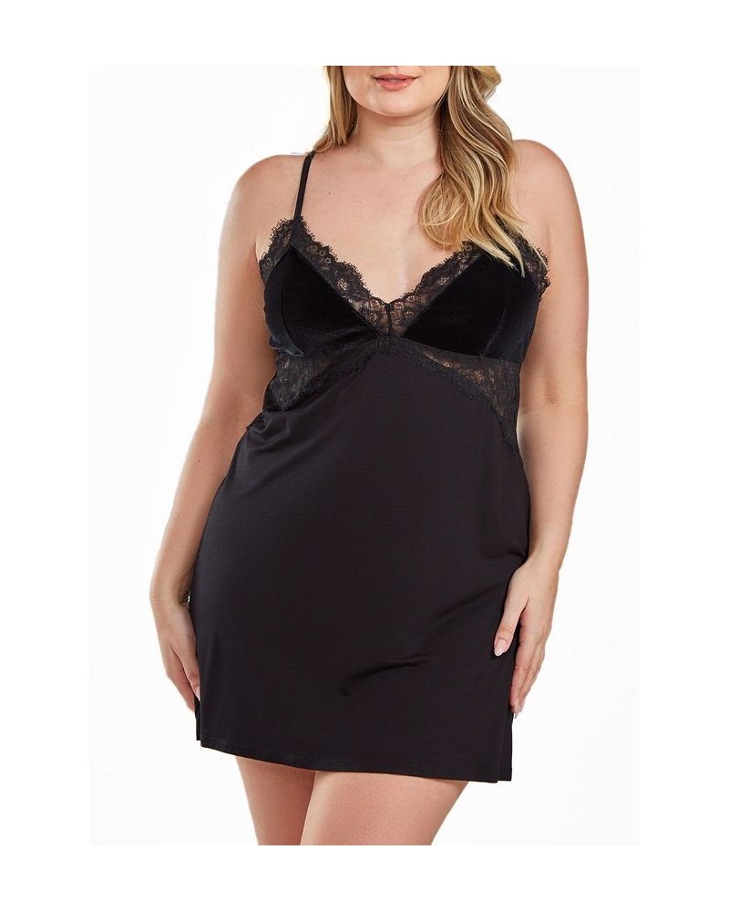 Layna Plus Size Velore and Velvet-Textured Lace Trimmed Chemise Black $47.85 Sleepwear