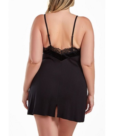 Layna Plus Size Velore and Velvet-Textured Lace Trimmed Chemise Black $47.85 Sleepwear