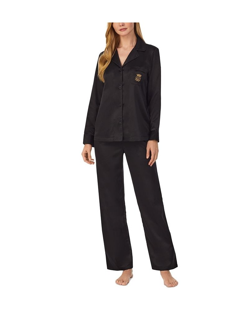 Petite Matte Satin Notched-Collar Pajamas Set Black $33.65 Sleepwear