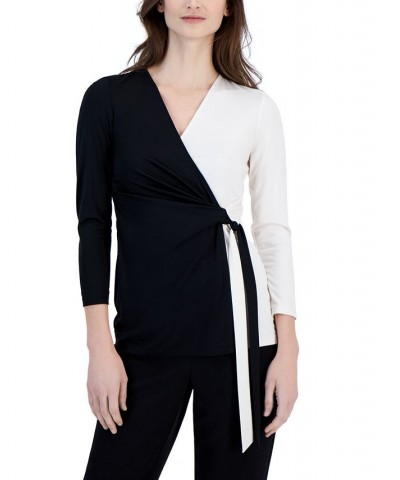 Women's Harmony-Knit Colorblocked Faux-Wrap Top Anne Black/anne White $18.92 Tops