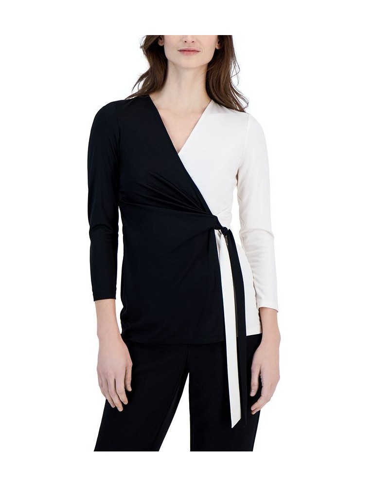 Women's Harmony-Knit Colorblocked Faux-Wrap Top Anne Black/anne White $18.92 Tops