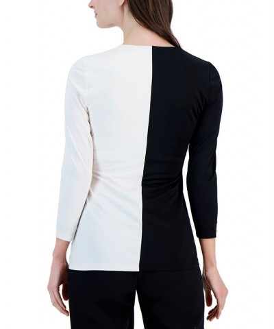 Women's Harmony-Knit Colorblocked Faux-Wrap Top Anne Black/anne White $18.92 Tops