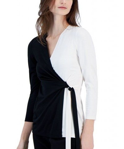 Women's Harmony-Knit Colorblocked Faux-Wrap Top Anne Black/anne White $18.92 Tops