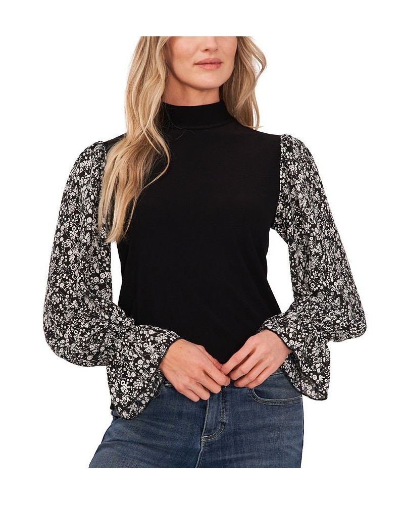 Women's Mock Neck Printed Sleeve Knit Top Rich Black $19.14 Tops