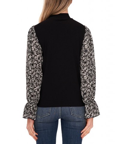 Women's Mock Neck Printed Sleeve Knit Top Rich Black $19.14 Tops