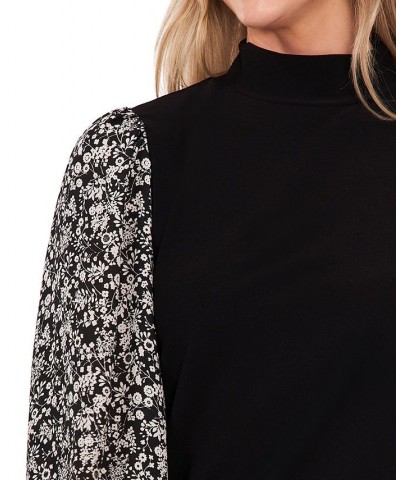 Women's Mock Neck Printed Sleeve Knit Top Rich Black $19.14 Tops