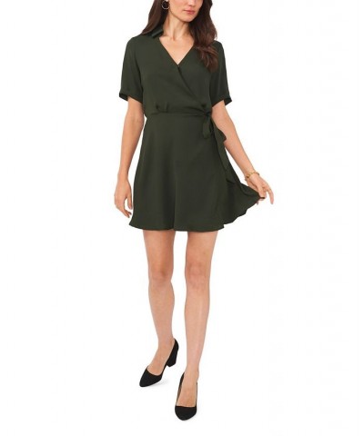 Women's Collared V-neck Short Sleeve Wrap Dress Tan/Beige $64.50 Dresses