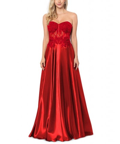 Juniors' Illusion Appliqué Charmeuse Gown Red $117.18 Dresses